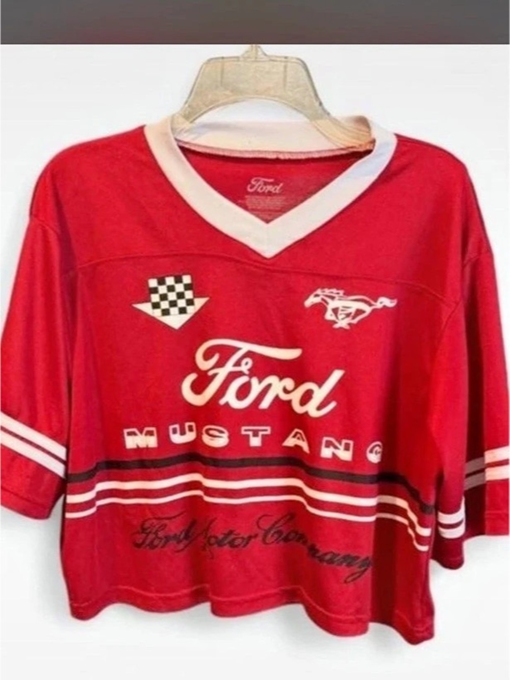 Ford Mustang V-Neck Jersey Crop Top Red & White- Size Small